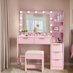 5-Drawer 2-Tiered Pink Particleboard Dressing Table Set Melamine Finish 11 Three-Tone Light Bulbs Power Strip <b>Makeup</b> <b>Vanities</b> - Product Image 6