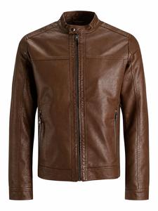 Unisex Genuine <b>Leather</b> Waterproof Moto <b>Jacket</b> Front Logo Stand Collar Zipper Closure Solid Color Autumn Style Slim Fit <b>Brown</b> - Product Image 6