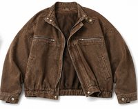 Blouson Bomber en Velours Côtelé Unisexe Décontracté Col Montant Fermeture Éclair Teint et Délavé Couleur Unie Manches Courtes Style Automne