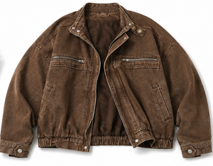 Chaqueta Bomber de Pana Unisex, Estilo Casual, Cuello Alto, Cierre de Cremallera, Color Sólido Teñido y Lavado, Manga Corta, Estilo Otoñal - Product Image 4
