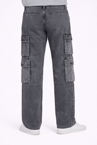 Jeans Cargo de Mezclilla Gris Lavada para Hombre – Pantalones Utilitarios de Corte Relajado con Múltiples Bolsillos con Solapa, Estilo Urbano Casual de Algodón Resistente - Product Image 3