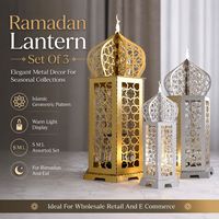 Decoración islámica al por mayor, juego de 3 faroles grandes de metal para Ramadán, Fanoos para Eid Majlis, decoración para el hogar y eventos.
