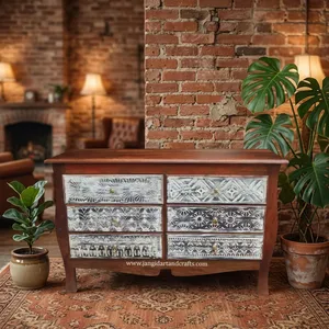 <b>Vintage</b> Indian Pure Mango Wood Solid Carved Storage Chest of Drawers Six Drawer Living Room <b>Cabinet</b> Sideboard Handmade Rajasthan - Product Image 2