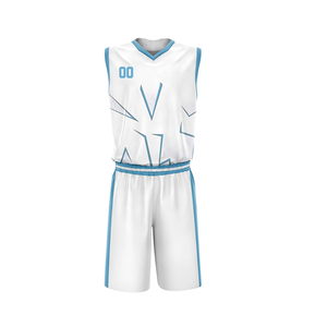 Ensemble d'uniformes de basketball blancs personnalisables, maillot sans manches à col en V imprimé bleu, short à taille élastique unisexe en polyester/coton - Product Image 1