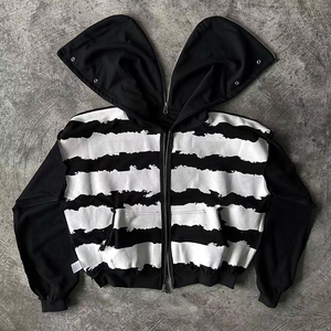 Sweat-shirt à capuche personnalisé avec logo pour homme, noir et blanc, imprimé géométrique X, streetwear, fermeture éclair sur le devant, coupe classique, tricoté en polyester, automne - Product Image 3