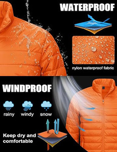 <b>Men's</b> Orange Lightweight Puffer <b>Jacket</b> Solid Color Stand Collar Zipper Closure Windproof Casual Autumn Wear - Product Image 4