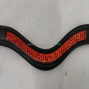 Forma de onda Negro acolchado Cuero Caballo ceja banda con incrustaciones de cristales naranjas Diamante mega Bling ceja banda para brida - Product Image 5