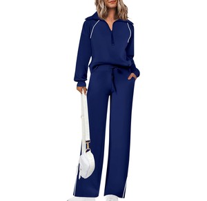Conjunto Deportivo Azul Marino para Mujer, Color Sólido, Manga Larga, Casual, Transpirable, con Cierre de Media Cremallera, Cordón Ajustable, Corte Holgado, 100% Poliéster - Product Image 1