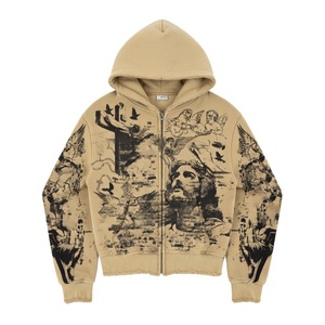 เสื้อฮู้ดซิปพิมพ์ลายกราฟิกสไตล์วินเทจสำหรับฤดูหนาว ผ้าฟลีซคอตตอน 100% หนานุ่ม ทรงโอเวอร์ไซส์ สไตล์สตรีทแวร์สำหรับผู้ชาย - Product Image 1