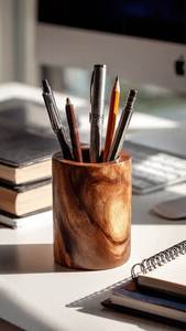 Pot de rangement en bois pour bureau, organiseur de stylos artisanal en bois avec finition lisse, porte-crayons en bois style ferme - Product Image 4