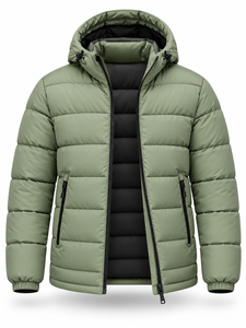 Blouson matelassé vert à capuche pour homme, imperméable, séchage rapide, coupe-vent, décontracté, fermeture éclair, rembourrage en polyester, longueur standard, couleur unie - Product Image 4