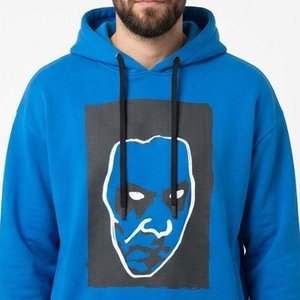 Sweat-shirt à capuche bleu pour homme avec logo personnalisé, imprimé visage abstrait sur le devant, coupe classique, en coton tricoté, décontracté, pour l'automne, vente en gros - Product Image 4