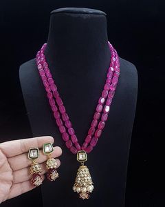 Ensemble collier ras-de-cou en pierres naturelles plaqué or avec pendentif et boucles d'oreilles en zircon cubique pour femme, style ethnique pour mariage - Product Image 1