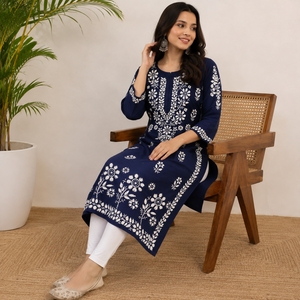 Best Selling <b>Navy</b> Blue Hand Embroidered Georgette Lucknowi Chikankari Straight Kurti - Elegant Ethnic Tunic <b>Top</b> - Product Image 3