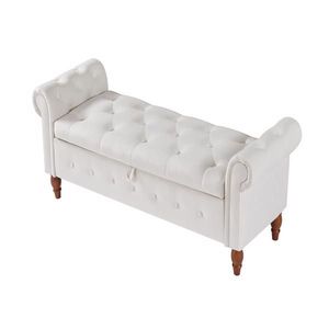 Velvet Bedroom End of Bed Storage Bench Beige Solid Wood Legs Rolled <b>Side</b> Sofa Toy Storage Bench - Product Image 5