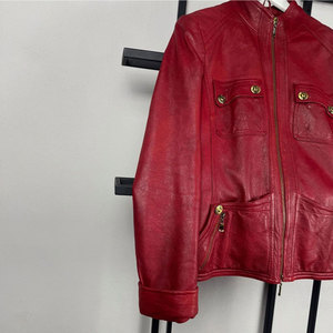 Custom Women's Burgundy Real Leather Biker <b>Jacket</b> - Luxury Multi-Pocket Sheepskin Moto <b>Jacket</b> with Gold Hardware - Product Image 2