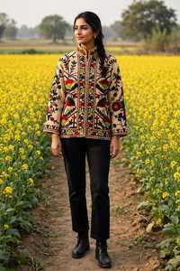 Veste en coton écologique brodée de fleurs avec col montant et fermeture à points ouverts, style hiver Prairie Chic, vêtements d'extérieur pour femmes - Product Image 6