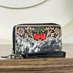 Direct Factory Price <b>Tooled</b> Cowhide <b>Leather</b> Long Wallet High Quality Floral Pattern Zipper Closure Phone Clutch For Women's - Product Image 4