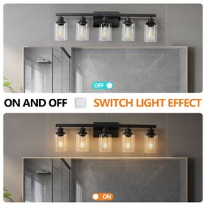 Applique da Parete Industriale Moderna Nera da 31 Pollici a 5 Luci per Bagno con Paralumi in Vetro Trasparente, Specchio e Illuminazione per Vanità - Product Image 6