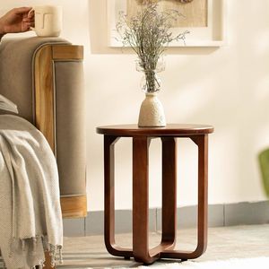 Modern Teak Wood Side <b>Table</b> Round Minimalist <b>End</b> <b>Table</b> Solid Teak Accent <b>Table</b> for Living Room Bedroom - Product Image 2