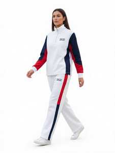 Ensemble de survêtement pour femme, blanc, à blocs de couleur, demi-zip, manches longues, longueur intégrale, style sportif - Product Image 2