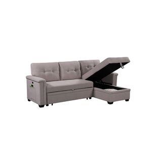 Ashlyn 84\" Light Gray Reversible <b>Sleeper</b> Sectional <b>Sofa</b> with Storage Chaise USB Charging Ports Pockets USB Charging <b>Sofa</b> Beds - Product Image 6