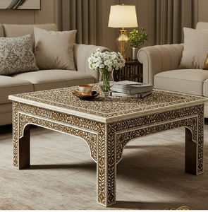 Mesa de centro cuadrada grande con incrustaciones florales de hueso verde esmeralda y patas intrincadas, disponible a precios de mayorista. - Product Image 4