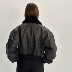 Blouson Bomber en Cuir Véritable pour Femme avec Bordure en Fourrure, Fermeture Éclair, Manches Longues, Vêtement d'Hiver Couleur Unie, Coupe Épaisse - Product Image 2