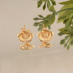 Victorian style floral stud <b>earrings</b> 18k gold plated brass pushback ear jewelry handmade lightweight rose wearable adornments - Product Image 3