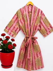 Bata de Baño de Lujo para Mujer, con Estampado Floral, Tejida, Cuello en V, con Cordón Ajustable, Manga 3/4, Largo hasta el Tobillo, 100% Algodón, Transpirable, Informal, para Verano - Product Image 1