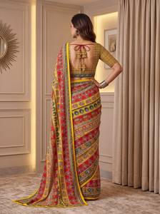 Sari Tradicional Indio de Seda con Estampado Digital y Parches Multicolores para Bodas y Eventos Festivos para Mujer - Product Image 2