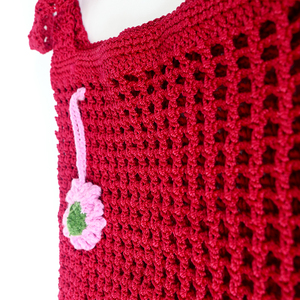 Bolso de hombro de malla de nailon tejido a crochet hecho a mano, rojo, con diseño calado y dije de flor, estilo arte puro, bolsos de moda artesanales - Product Image 3