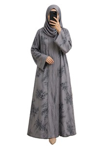 Elegante Abaya Gris con Estampado Floral y Bordado, Vestido Largo hasta el Suelo de Manga Larga para Mujer, Estilo de Oriente Medio para Uso Diario - Product Image 1