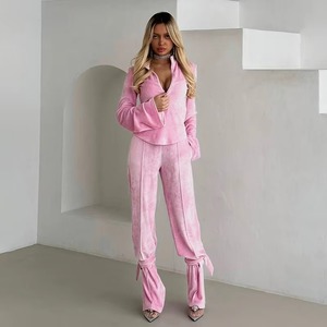 Conjunto Deportivo Rosa para Mujer, Manga Larga, Cuello Camisero, Color Sólido, Pantalones Casuales, Dos Piezas, Corte Holgado, Ropa de Otoño - Product Image 6