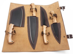 Custom Handmade Carbon Steel 4-Piece <b>Sharp</b> <b>Kitchen</b> <b>Knife</b> Set Wooden Handle Leather Roll Bag Ambidextrous Professional - Product Image 5
