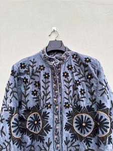 Luxury Gray <b>Velvet</b> Embroidered Suzani <b>Jacket</b> With Floral Pattern Full Sleeve Stand Collar Bohemian Artisan <b>Women's</b> Autumn Coat - Product Image 6