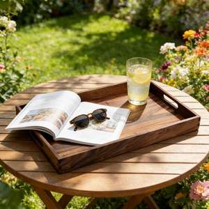 Rectangle <b>Wooden</b> Serving Tray With Handles <b>Rustic</b> Decorative Tray For Tea Floral Theme Walnut Finish Restaurant Walnut Wood tray - Product Image 3
