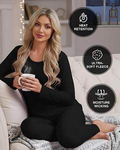 ชุดกางเกงในกันหนาวสำหรับผู้หญิง ชุดชั้นในแบบยาวสำหรับเล่นสกี ฤดูหนาว เสื้อและกางเกงขายาว (บุขนแกะสีดำ, ไซส์ XL) - Product Image 4