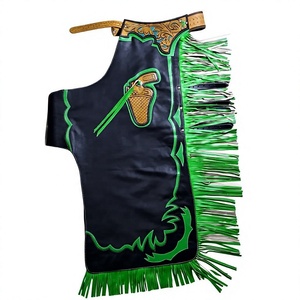 Chaps de Rodeo en Cuir Noir et Vert Citron Personnalisés, Longueur Intégrale, avec Pompons et Franges, Équipement Équestre Unisexe pour la Performance Western - Product Image 1