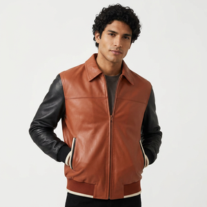 Veste en cuir marron pour homme avec manches noires, col rabattu, fermeture éclair, style décontracté d'automne - Product Image 1