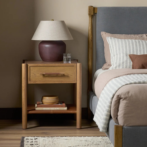 Modern Mango <b>Wood</b> Nightstand <b>Bedside</b> Table 1 Drawer Side <b>Cabinet</b> with Leather Shelf for Bedroom Hotel Home Office - Product Image 2