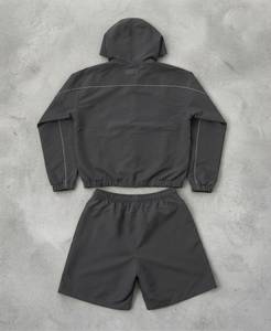 Conjunto Deportivo para Hombre AUASPORTS, Chaqueta con Capucha y Pantalones Cortos, Corte Holgado, Secado Rápido, Estilo Deportivo, Color Gris Sólido, Ropa de Verano - Product Image 2