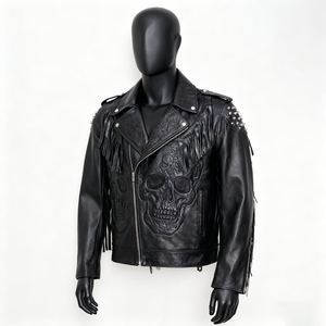 Veste moto en cuir PU noir pour homme, col rabattu, fermeture éclair, motif géométrique en relief, coupe ajustée, longueur normale - Product Image 3
