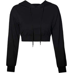 Sudadera con Capucha Corta Negra para Mujer, Manga Larga, Color Sólido, Estilo Casual Urbano, Top con Capucha Tejido para Otoño - Product Image 5