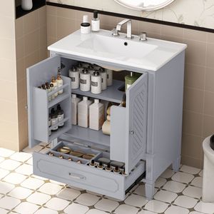 Lavandino da bagno in stile Vintage da 30 pollici con lavello multifunzionale e porta a chiusura morbida in grigio - Product Image 2