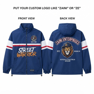 Veste coupe-vent en polyester 110 GSM de qualité supérieure Zaini Enterprises, bleu, blanc, rouge, logo imprimé personnalisé, à capuche, style streetwear - Product Image 1