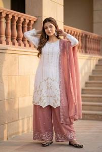 Ensemble ethnique 2 pièces réversible en mousseline tissée brodée lourde pour femme, longueur cheville, idéal pour mariage et fête - Product Image 2