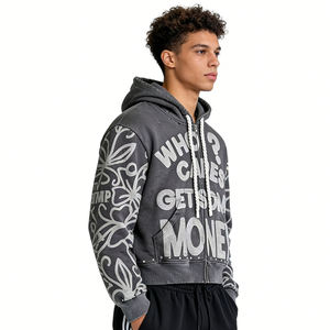 Sudadera con Capucha Personalizada con Logotipo OEM ODM, Estilo Urbano, con Pedrería, Cierre de Cremallera, Estampado Puff, 500GSM, Algodón Grueso de Alta Calidad, Directo de Fábrica para Hombre - Product Image 3