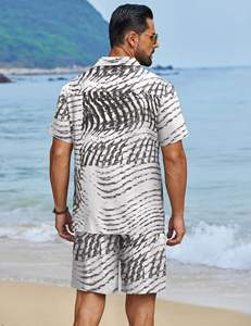 Conjunto de Camisa de Manga Corta con Botones y Pantalones Cortos a Juego con Estampado de Ondas Abstractas para Hombre, Atuendo Ligero Informal de Verano - Product Image 4