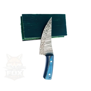 Couteau de chasse miniature fait main à lame fixe, couteau à dépecer en acier Damas, manche en bois Pakka avec étui en cuir - Product Image 4